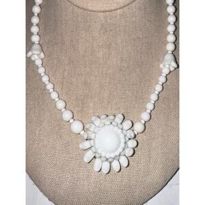 Vintage Made in Germany Milk Glass 3 Flower Pendant Choker Necklace Tulip Beads